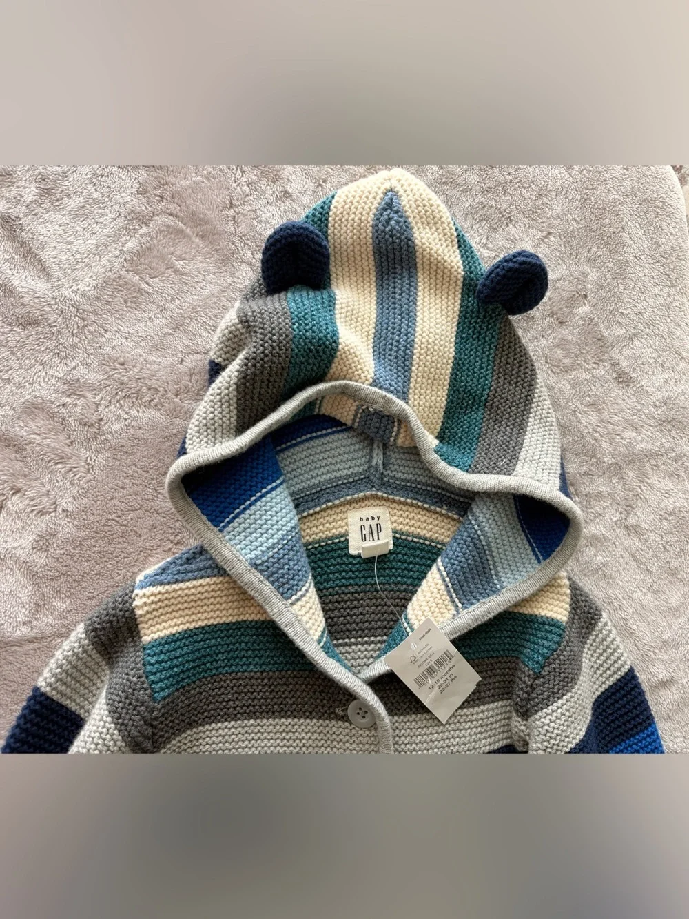 GAP Striped Hooded Knit Cardigan in Blue, Gray & Cream